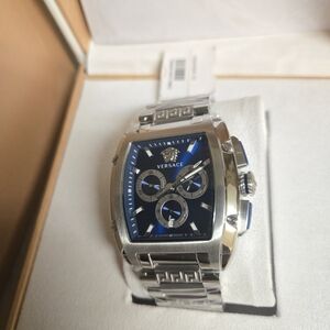 Versace Silver and Blue Chronograph Watch